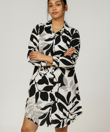 Monochrome Leaf Print Shirt Dress