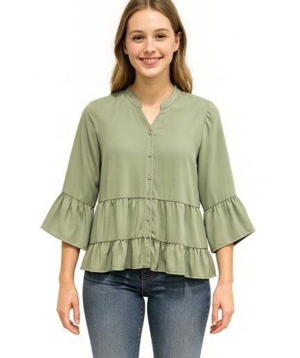 Sage Tiered Ruffle Button-Front Blouse