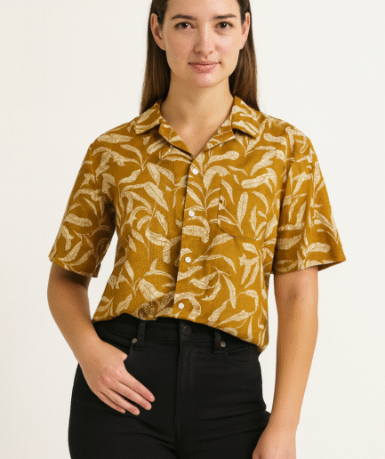 Ochre Leaf Print Short-Sleeve Shirt