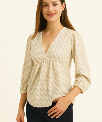 Textured Beige V-Neck Peplum Blouse