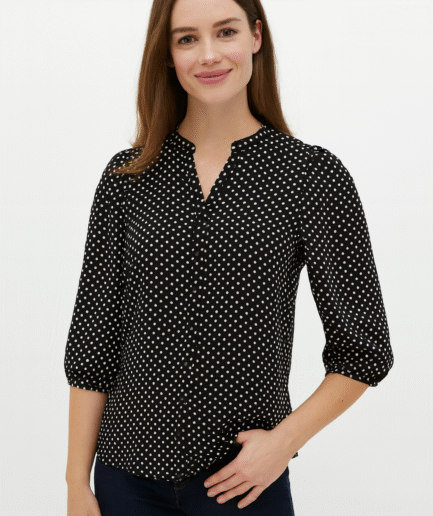 Black & White Polka Dot Split-Neck Blouse